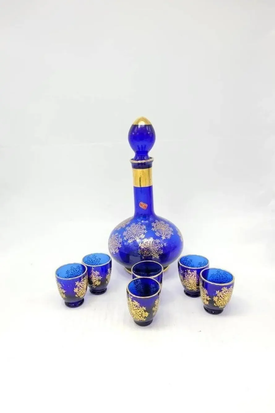 Vintage Cobalt Blue Glass Decanter Set Gold Floral Cordial Liqueur Shot Glasses